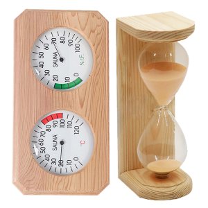 Termometr higrometr z czerwonego cedru + klepsydra do sauny z drewna sosnowego