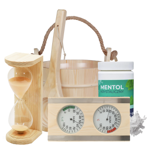 Zestaw startowy do sauny premium - wiadro 5 l, termometr higrometr, klepsydra, mentol