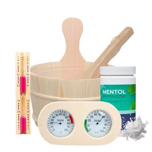 Zestaw startowy do sauny średni - wiadro 4L, termometr higrometr, klepsydra, mentol