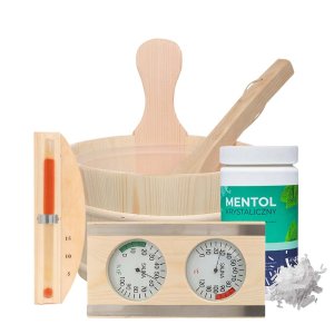 Zestaw startowy do sauny średni - wiadro 4L, termometr higrometr, klepsydra, mentol