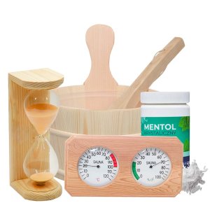 Zestaw startowy do sauny średni - wiadro 4L, termometr higrometr, klepsydra, mentol
