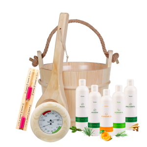 Zestaw startowy do sauny średni - wiadro 5 l, termometr higrometr, klepsydra, olejki nr.4