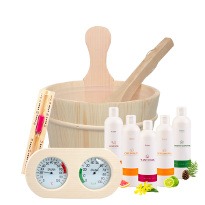 Zestaw startowy do sauny średni - wiadro 4 l, higrometr Steel, klepsydra, olejki nr.3