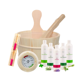 Zestaw startowy do sauny premium - wiadro 5 l, termometr higrometr owalny, klepsydra, zestaw olejków
