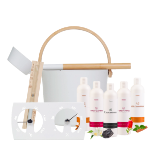 ZESTAW STARTOWY DO SAUNY PREMIUM - WIADRO 5 L, TERMOMETR HIGROMETR, KLEPSYDRA, ZESTAW OLEJKÓW