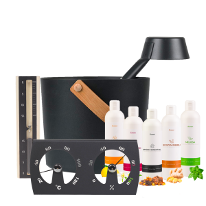 ZESTAW STARTOWY DO SAUNY PREMIUM - WIADRO 5 L, TERMOMETR HIGROMETR, KLEPSYDRA, ZESTAW OLEJKÓW