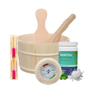 ZESTAW STARTOWY DO SAUNY ŚREDNI - WIADRO 4L, TERMOMETR HIGROMETR, KLEPSYDRA, MENTOL